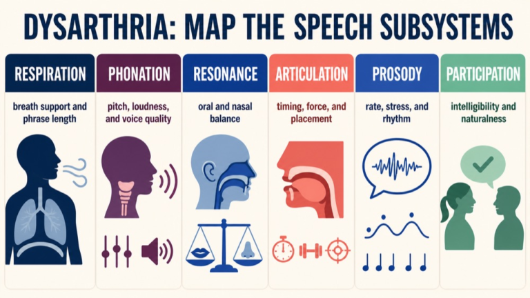 Dysarthria study map connecting respiration, phonation, resonance, articulation, prosody, intelligibility, and participation