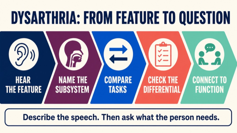 Dysarthria reasoning infographic connecting perceptual speech feature, subsystem, task comparison, differential diagnosis, and participation