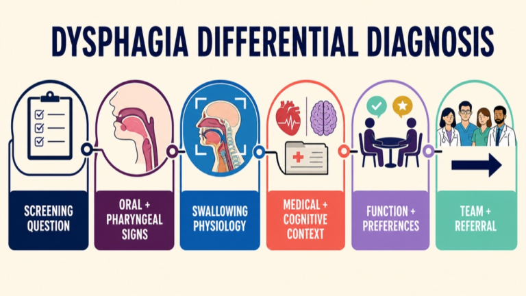 Dysphagia differential diagnosis map connecting screening, oral and pharyngeal signs, physiology, medical context, function, and referral