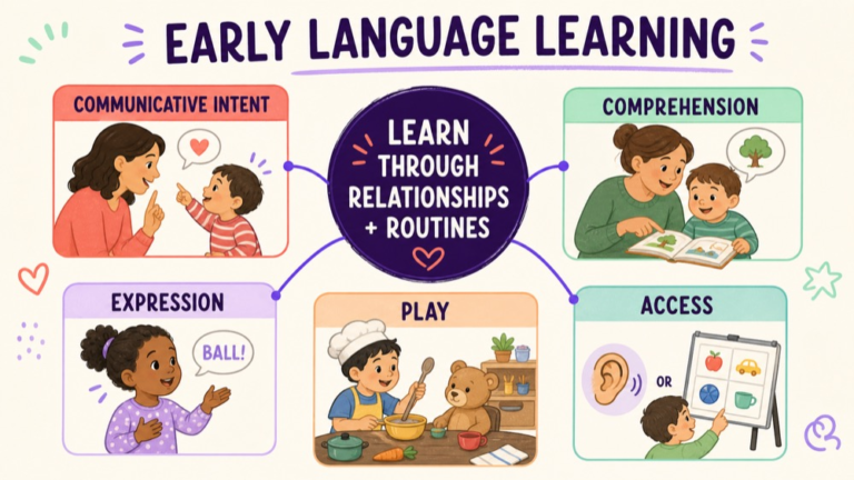 Early language learning map connecting interaction, comprehension, expression, play, and communication access