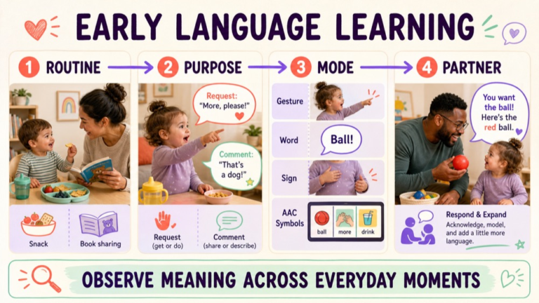 Early language observation map comparing routine, partner, mode, support, and participation