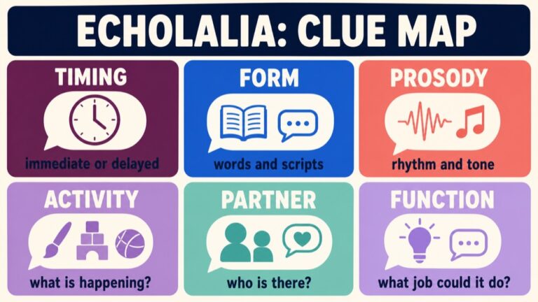 Echolalia and communication map connecting timing, form, prosody, context, function, multimodal access, and support