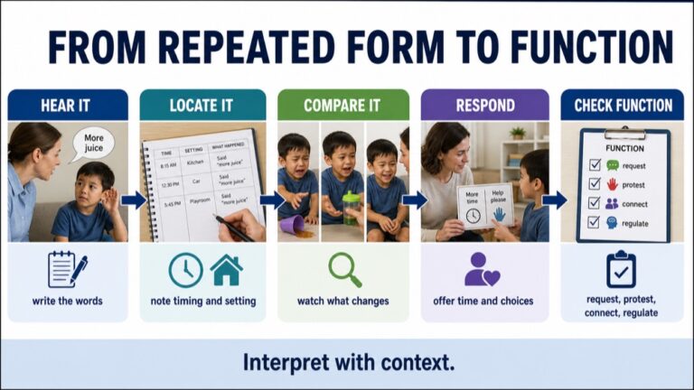 Echolalia reasoning infographic comparing repeated form, activity, partner, possible function, response, and support