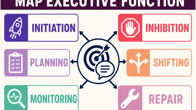 Executive function map connecting initiation, inhibition, planning, shifting, monitoring, repair, and participation
