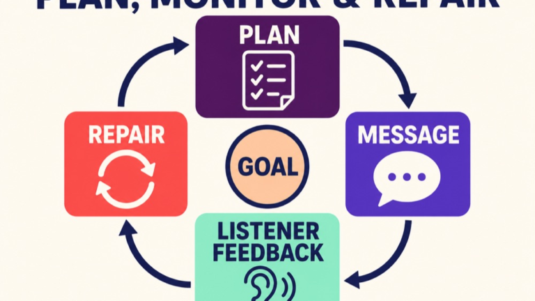 Executive communication process infographic showing goal, plan, message, listener feedback, and repair