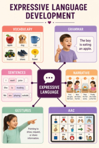 Expressive language development map connecting vocabulary, grammar, discourse, narrative, pragmatics, and multimodal expression