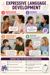 Expressive language context map connecting purpose, message, audience, communication mode, support, and participation