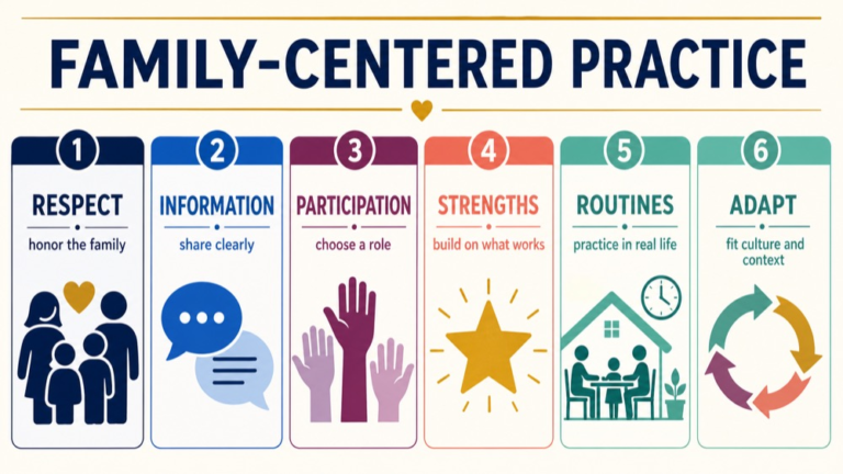 Family-centered practice in speech pathology map connecting respect, information sharing, participation, strengths, routines, and individualized care