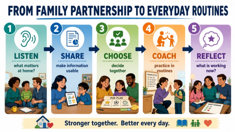 Family-centered practice infographic showing the path from family priorities and coaching to everyday communication routines