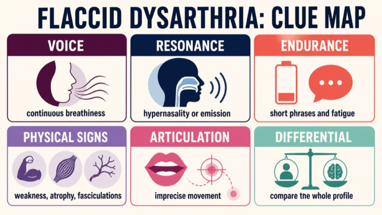 Flaccid dysarthria study map connecting breathiness, hypernasality, weakness, atrophy, fasciculations, fatigue, and speech subsystems