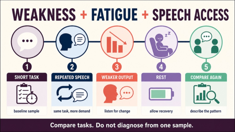 Flaccid dysarthria reasoning infographic comparing speech task, weakness with use, recovery with rest, differential clues, and communication access