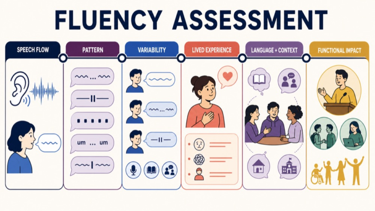Fluency assessment map connecting speech flow, pattern, variability, lived experience, language context, and functional impact