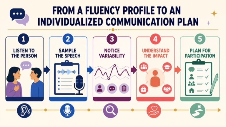 Fluency assessment infographic showing the path from a fluency profile to an individualized communication plan