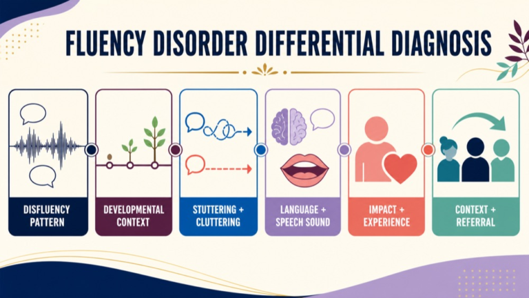Fluency disorder differential diagnosis map connecting speech behavior, development, stuttering, cluttering, language, impact, and context