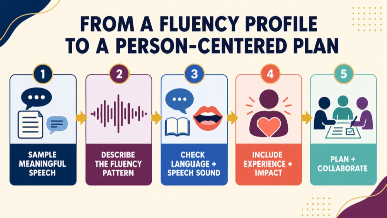 Fluency disorder differential diagnosis infographic showing the path from a fluency profile to a person-centered plan