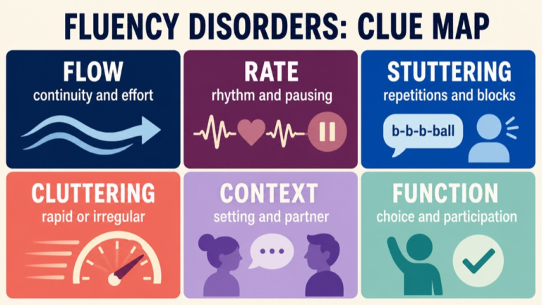 Fluency disorder map connecting continuity, rate, rhythm, stuttering, cluttering, context, and participation