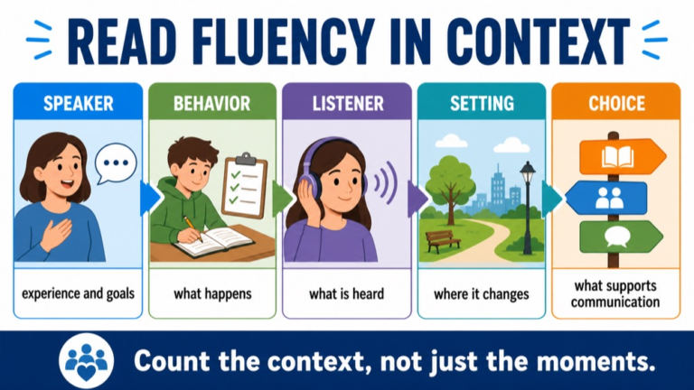 Fluency reasoning infographic comparing speaker, listener, setting, rate, reactions, repair, and communication choice