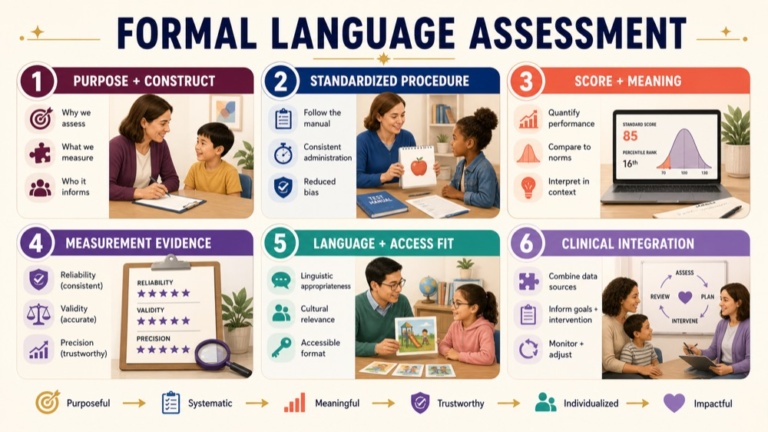 Formal language assessment map connecting purpose, construct, procedure, measurement, fit, and clinical integration