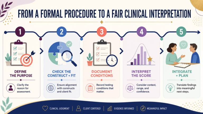 Formal language assessment infographic showing the path from a structured procedure to a fair clinical interpretation