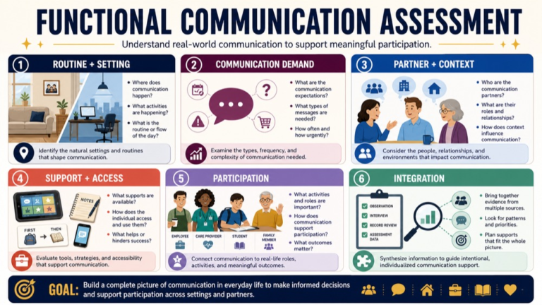 Functional communication assessment map connecting routine, demand, partner, access, participation, and integration