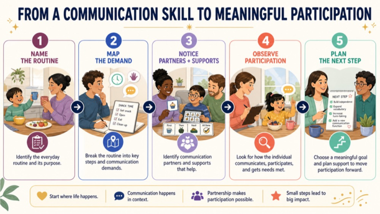 Functional communication assessment infographic showing the path from a communication skill to meaningful participation
