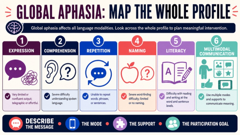 Global aphasia study map connecting expression, comprehension, repetition, naming, literacy, multimodal communication, and participation