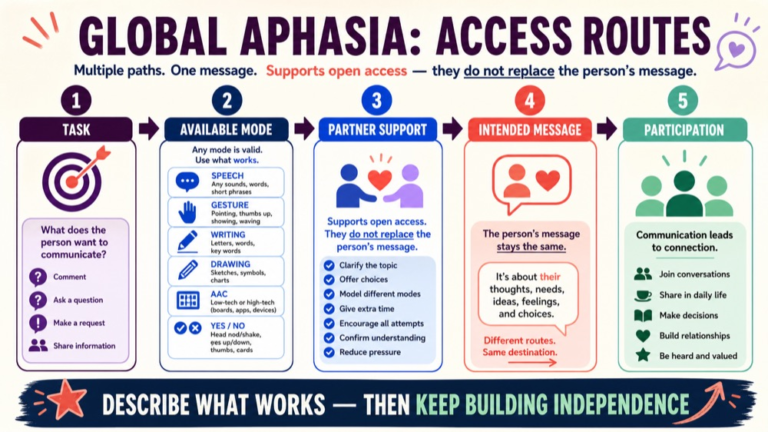 Global aphasia reasoning infographic comparing task, modality, partner support, message access, and functional participation
