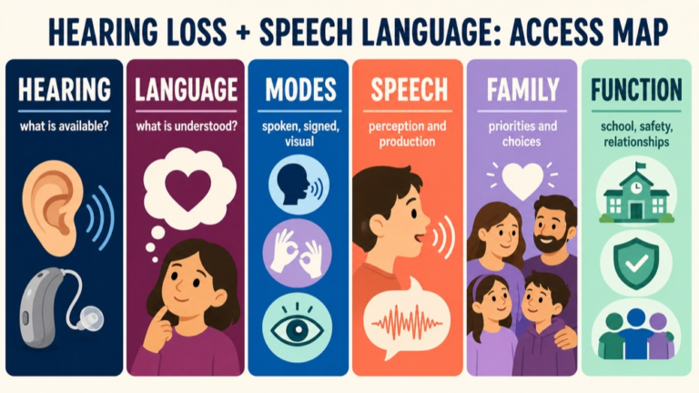 Hearing loss and speech language map connecting hearing access, language exposure, communication modes, speech, family, and participation