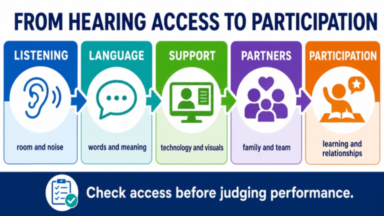 Hearing and language reasoning infographic comparing listening environment, language access, technology, partner support, and participation