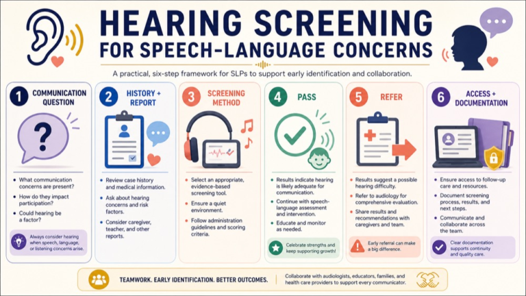 Hearing screening for speech-language concerns map connecting communication question, history, method, pass, refer, and access