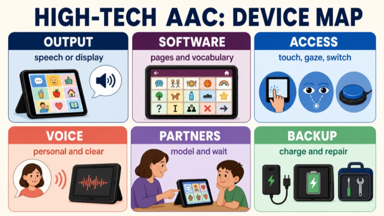 High-tech AAC map connecting speech output, software, access, customization, partner training, maintenance, and backup