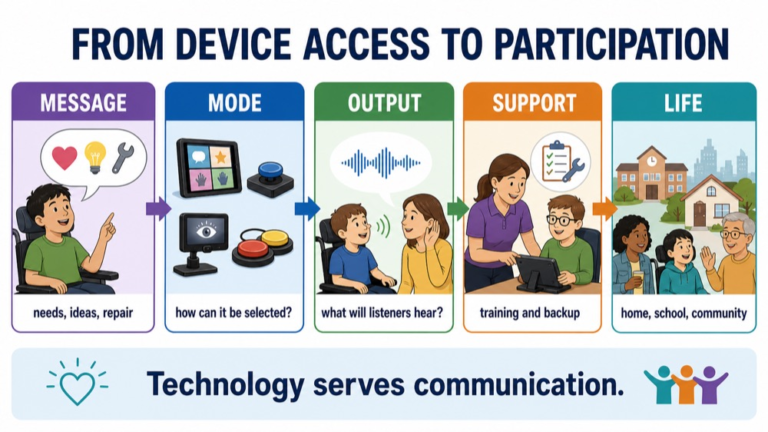 High-tech AAC reasoning infographic comparing device, language, access, output, partner support, maintenance, and participation
