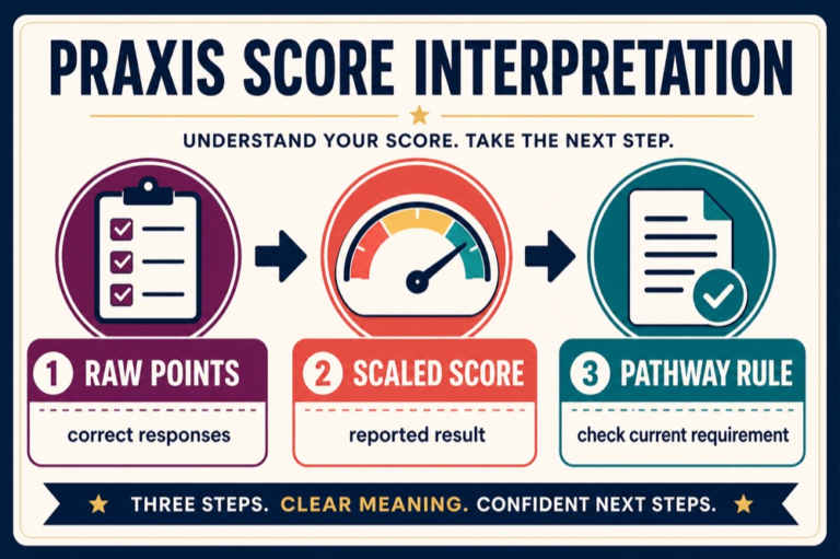 Plain-language diagram separating raw points, scaled score, and qualifying score requirement