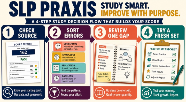 Study decision flowchart showing how to use a score report to choose the next review action
