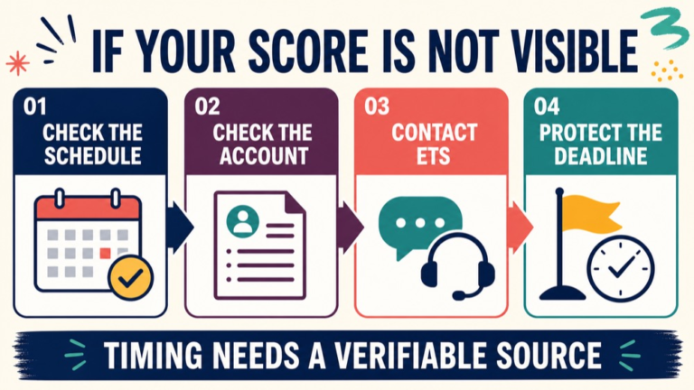 A Praxis score troubleshooting flow from an expected report date to account and support checks