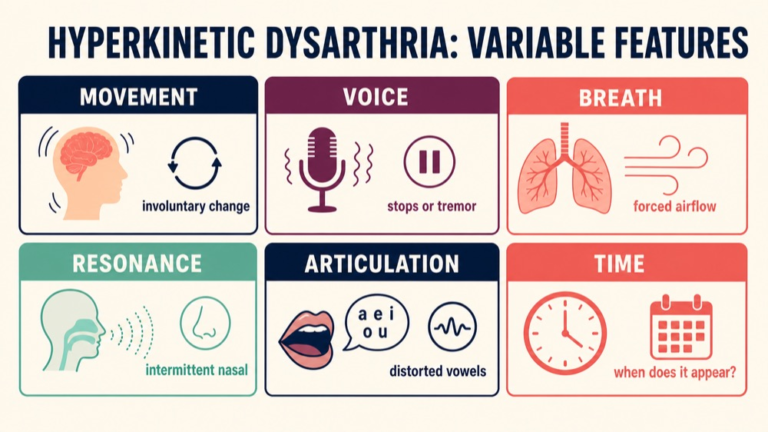 Hyperkinetic dysarthria study map connecting involuntary movement, voice variability, respiration, rate, resonance, articulation, and function
