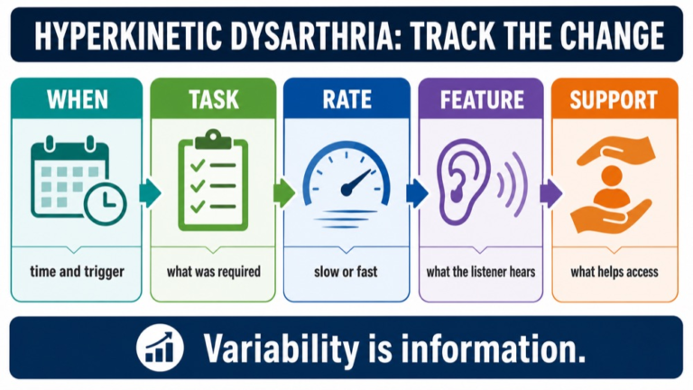 Hyperkinetic dysarthria reasoning infographic comparing time, task, rate, triggers, speech features, support, and participation