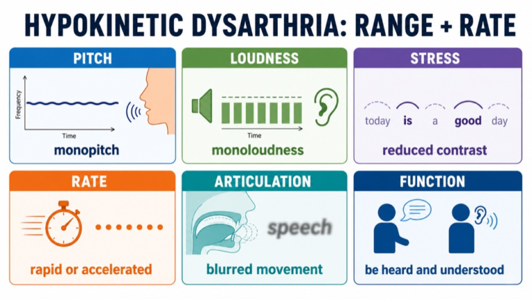 Hypokinetic dysarthria study map connecting monopitch, monoloudness, loudness decay, rate, stress, articulation, and function