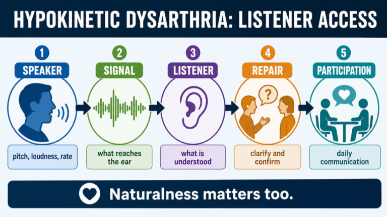 Hypokinetic dysarthria reasoning infographic comparing pitch, loudness, rate, stress, articulation, cueing, and listener access