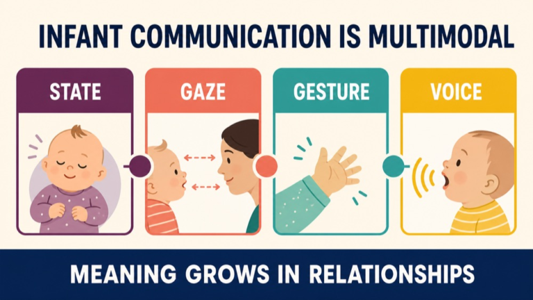 Multimodal infant communication map showing regulation, gaze, gestures, vocal play, and turn-taking