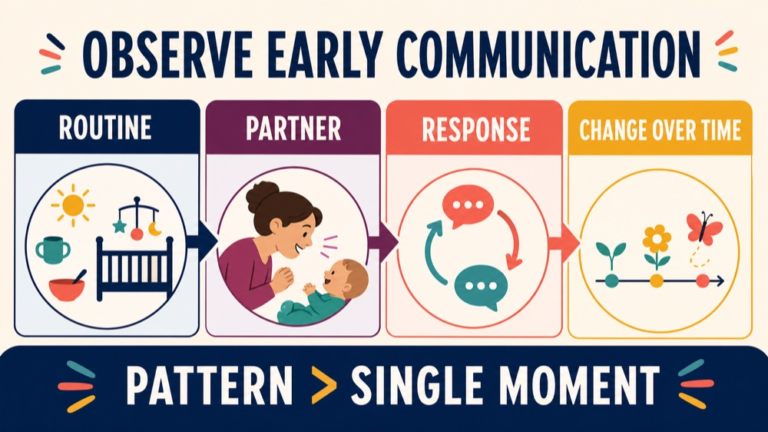Caregiver observation map linking infant communication behaviors to context, hearing, language, and next questions
