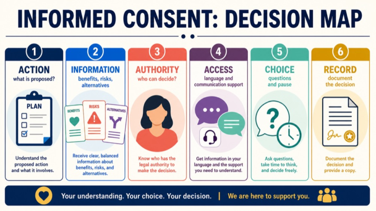 Informed consent in speech pathology map connecting proposed action, information, authority, access, choice, and documentation