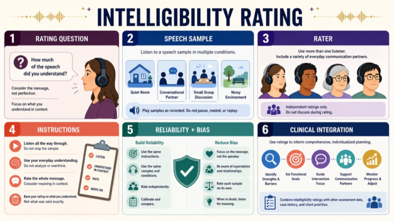 Intelligibility rating map connecting rating question, speech sample, rater, instructions, reliability, and integration
