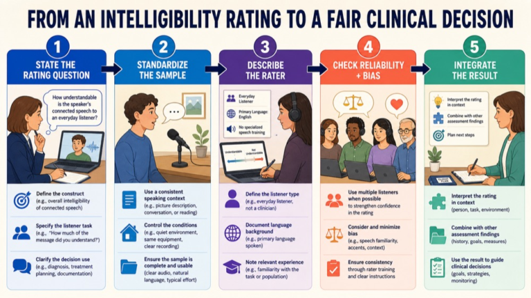 Intelligibility rating infographic showing the path from a listener rating to a defensible clinical decision