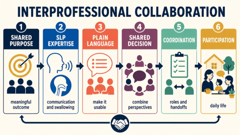 Interprofessional collaboration in speech pathology map connecting shared purpose, SLP expertise, plain language, decisions, coordination, and participation