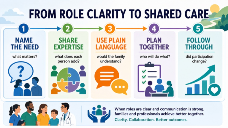 Interprofessional collaboration infographic showing role clarity, shared evidence, team action, referral, and functional care