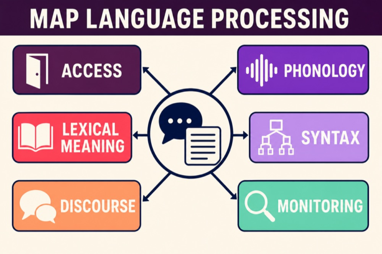 Language processing map connecting access, phonology, lexical meaning, syntax, discourse, production, and monitoring