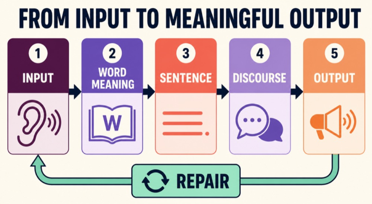 Language processing reasoning infographic comparing input, meaning, sentence, discourse, output, and repair