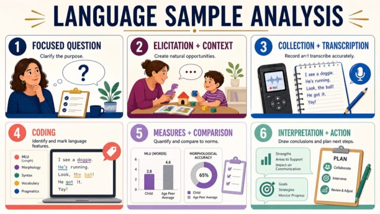 Language sample analysis map connecting question, elicitation, collection, transcription, coding, measures, and interpretation