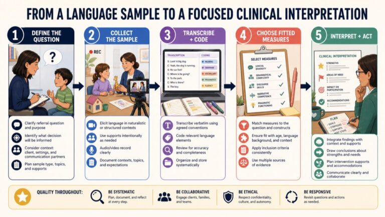 Language sample analysis infographic showing the path from a connected language sample to a focused clinical interpretation